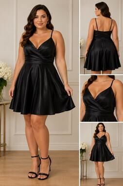 Amelia Couture Black Satin Homecoming Dress A-Line V-Neck Spaghetti Strap 16
